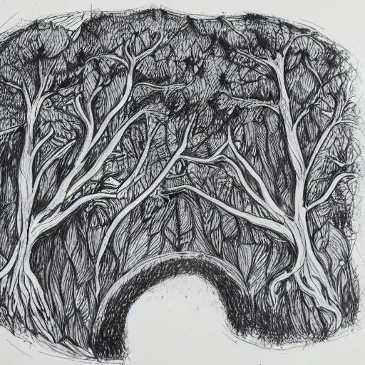 Image similar to heart of the forest, sketch, illustration, cross hatched, black ink on white paper