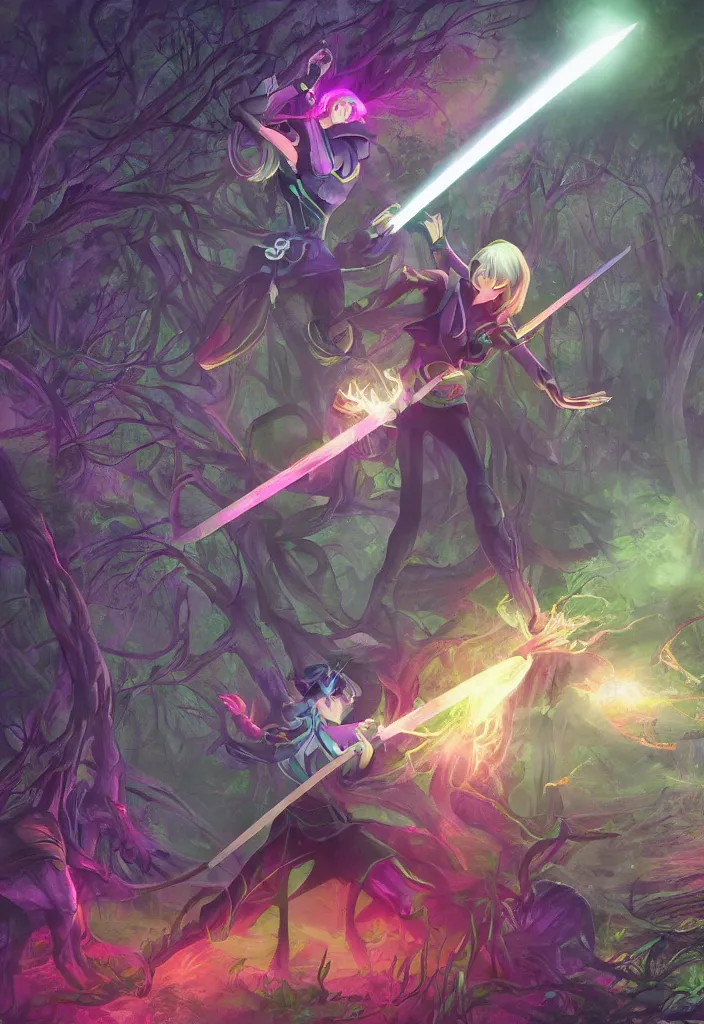 Image similar to , woman with illuminated sword and android with neon gloves fighting a shadow demon in the forest, grand scale , digital effects fantasy ,digital art, illustration, stylized, cel shaded