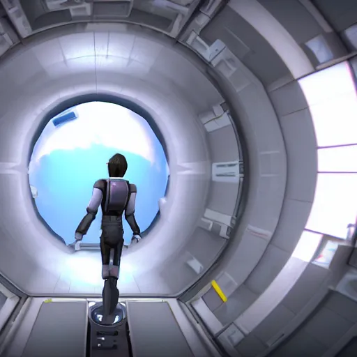 Prompt: a screenshot from a test chamber from the video game, portal, source engine