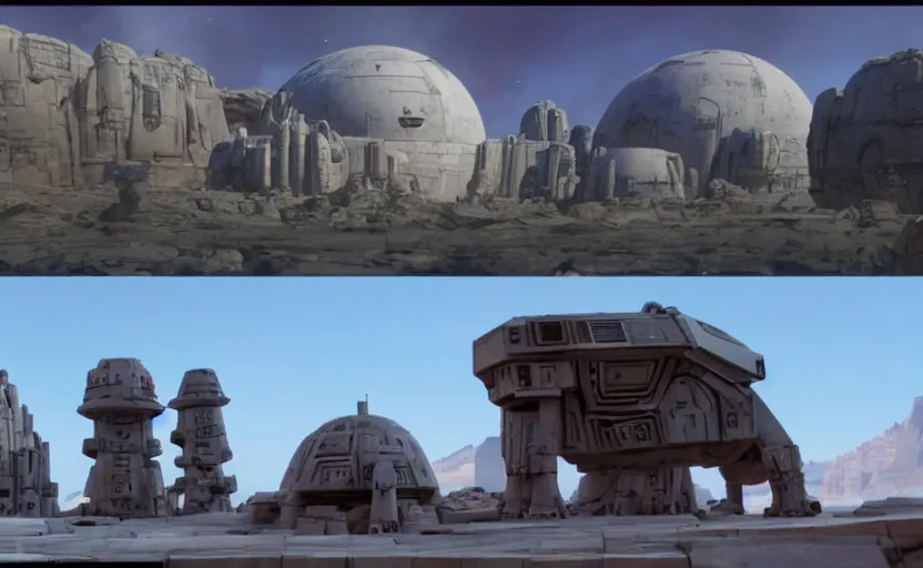 Prompt: still image screenshot floating boulder planet, castles floating in mid air, jedi temples from the tv show mandalorian on disney +, scene in front of a strange building, moody mining planet, at - at imperial walkers, anamorphic lens, 3 5 mm film kodak