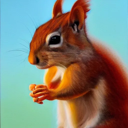 Image similar to oil painting of a muscular!!!! squirrel with bulging!! human!! biceps!!!!, 8 k, high quality