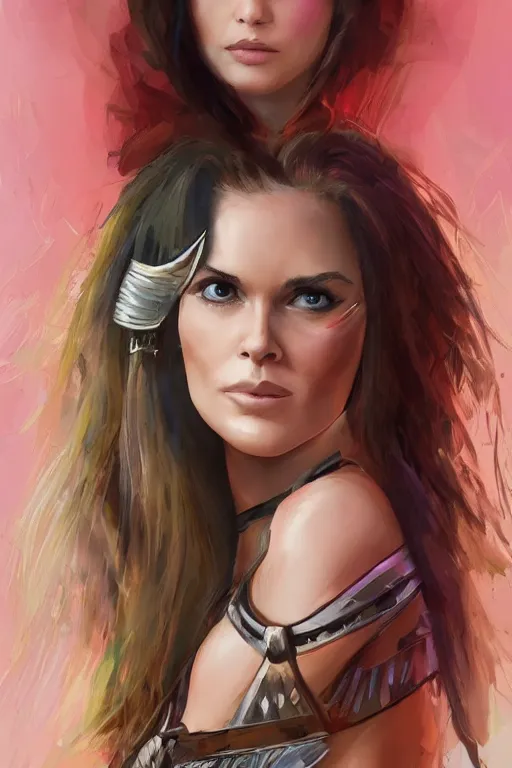 Image similar to mix of beautiful young maria shriver, mariel hemmingway, brooke shields, nicole kidman and elle macpherson as a young amazon warrior, thin lips, hair tied up in a pony tail, dark blonde hair, colorful, artstation, cgsociety