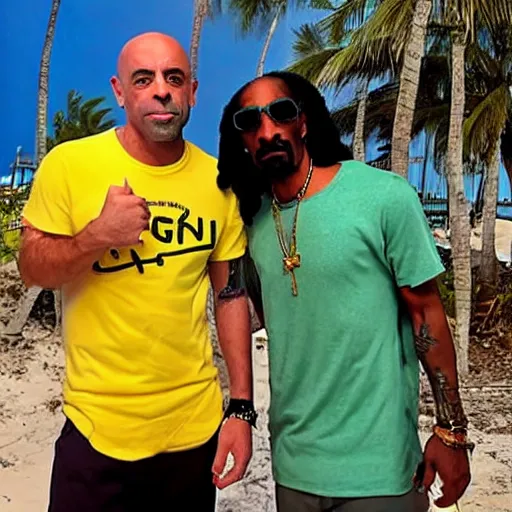 Prompt: joe rogan and snoop dogg chilling in aruba