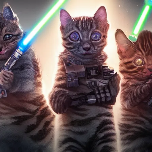 Image similar to extreme detail jedi kittens!!!!!! in star wars universe in epic battlefield, octane, redshift, fueled by caffeine, 8 k, oled, shadows, reflections, hyper detailed, chromatic, tribal, symmetric, digital art, artstation, behance