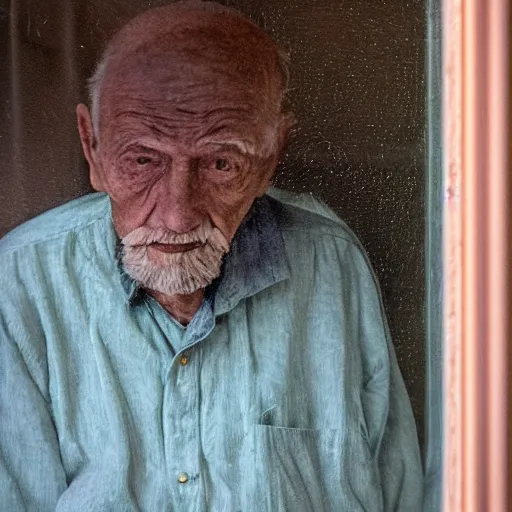 Image similar to a faceless old man seen through a window