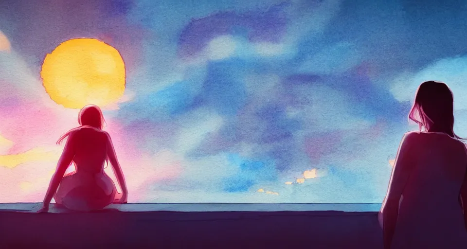 Image similar to Girl on a window pane watching the Saturn sunset in the twilight, volumetric lighting, watercolor, glowing lights, 4k, octane, digital painting, pixiv, by Aenami