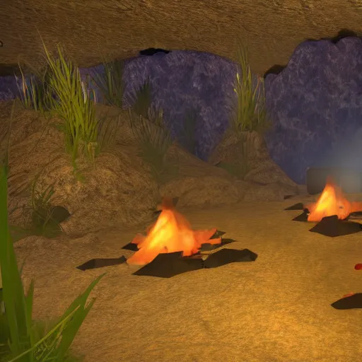 Image similar to second life in game screenshot of two black foxes sleeping next to each other in a cozy cave with a small campfire, cave lit up with fireflies and bioluminescent mushrooms, 4 k