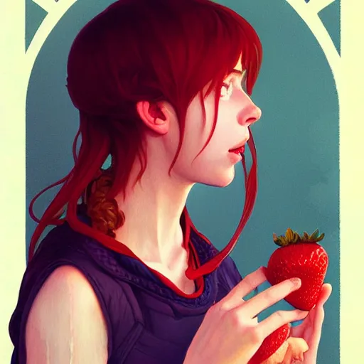 Image similar to Portrait of Madeline from celeste eating a strawberry, highly detailed, digital painting, artstation, concept art, sharp focus, illustration, art by greg rutkowski and alphonse mucha