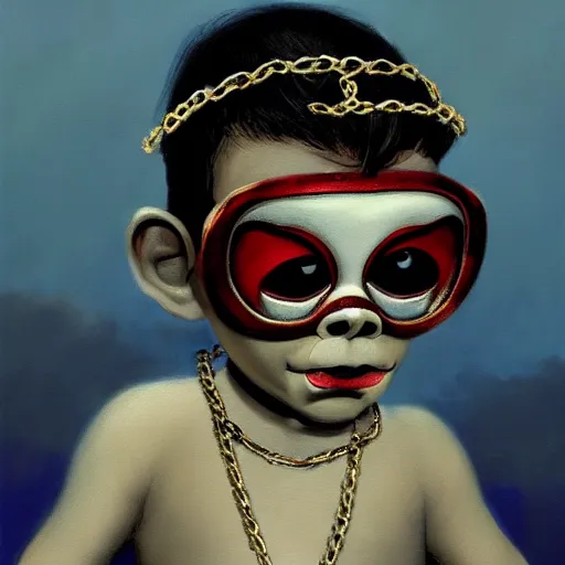 Image similar to a baby angel wearing a mask and chain around his neck, an airbrush painting by Jamie Hewlett, cgsociety, symbolism, antichrist, aesthetic, 8k