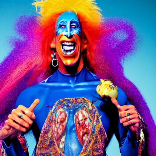 Image similar to UHD color candid photo of Dee Snider dressed as cosmic Freakazoid, accurate face, vivid colors, UHD photorealistic correct face photo by Annie Leibowitz