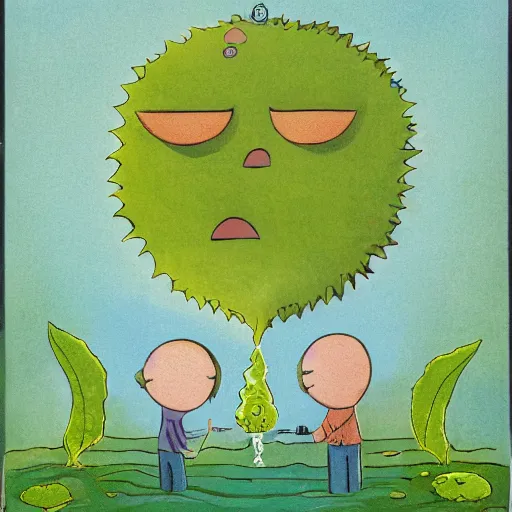 Image similar to a couple watering each other's heads which are made of plants and the sun is shining