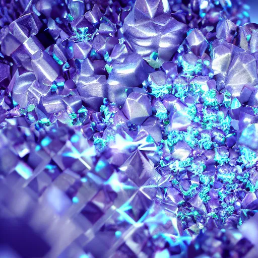 Image similar to macro photography of a cluster of crystals, highly detailed, blender render, geometry nodes, 4 k, 8 k