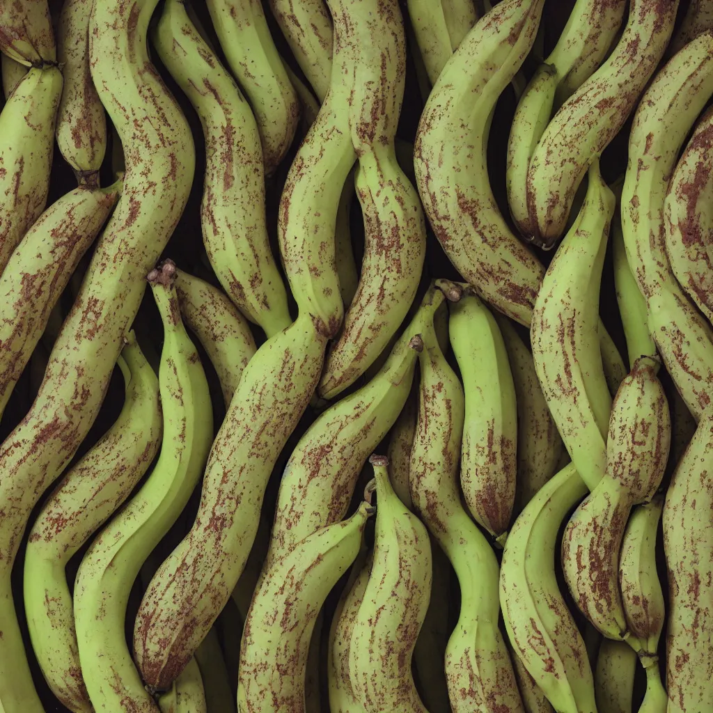 Image similar to very ripe thin bananas placed like a fractal coral, cracked, fine foliage, inside art nouveau with petal shape, and stems, mesh roots. closeup, hyper real, food photography, high quality
