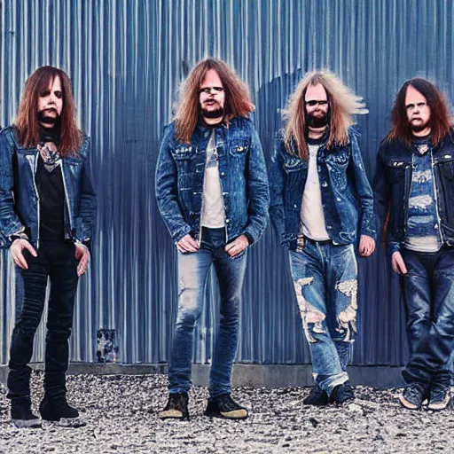 Image similar to Proto-metal band, long shaggy hair, double denim, 2022 photograph, band promo, HD photograph