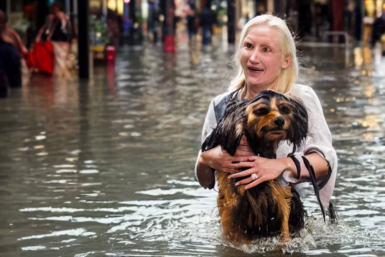 Image similar to closeup portrait of a woman carrying a dog over her head in a flood in Rundle Mall in Adelaide in South Australia, photograph, natural light, sharp, detailed face, magazine, press, photo, Steve McCurry, David Lazar, Canon, Nikon, focus