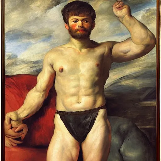 Image similar to russian young muscular athlete man posing in his living room, 1987, Peter Paul Rubens, manet, renoir