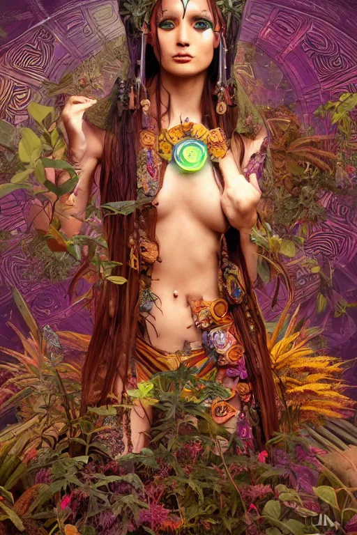 Prompt: cyberpunk aztec goddess in a zen rock garden, by Peter Kemp, by Artgerm, autumn, glamorous hairstyle, vermont fall colors, wearing translucent earthtone fashion, art nouveau by Brian Froud, berries, cosmic, gnostic, sacred geometry, by Alphonse Mucha, highly detailed concept painting with cinematic lighting, trending on art station