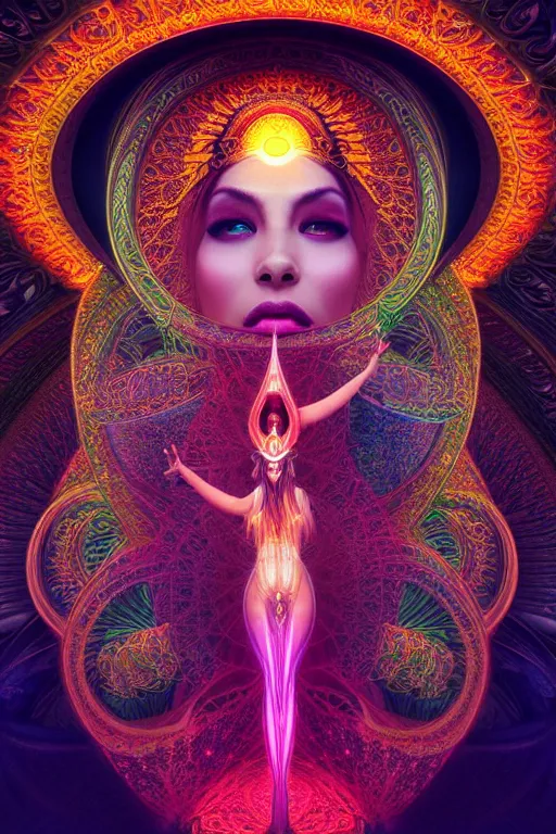 Image similar to a centered render of an alluring goddess wearing a psychedelic mask surrounded by a glorious sacred energy made from geometry and spiral mandel bulb fractals in a majestic cathedral, powerful, cinematic, beautifully lit, by artgerm, by karol bak, 3 d, trending on artstation, octane render, 8 k