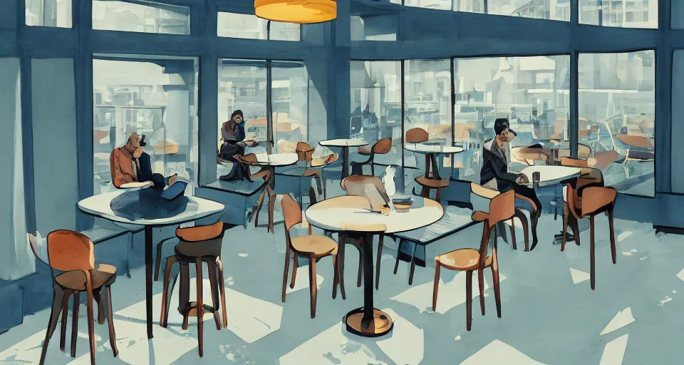 Prompt: a beautiful illustration of futuristic empty cafe, lots of furniture, dining, waiting room, big medium small, sacred geometry, golden ratio, in watercolor gouache detailed paintings, in style of syd mead, trending on artstation,8k, panel, hard surface, vent, zaha hadid, props, plant, cozy,decoration around the room