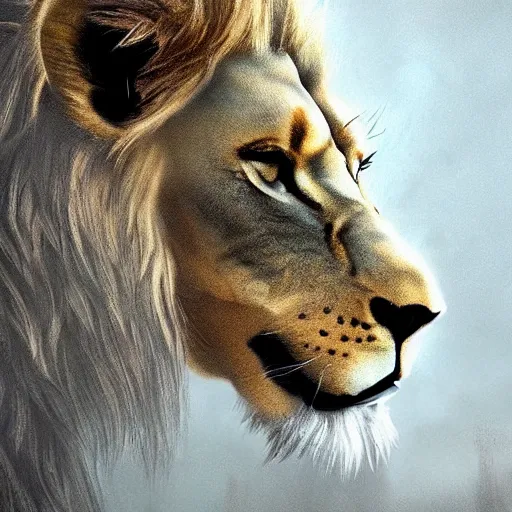 Prompt: a giant lion wearing heavy armor, artstation hall of fame gallery, editors choice, #1 digital painting of all time, most beautiful image ever created, emotionally evocative, greatest art ever made, lifetime achievement magnum opus masterpiece, the most amazing breathtaking image with the deepest message ever painted, a thing of beauty beyond imagination or words, 4k, highly detailed, cinematic lighting