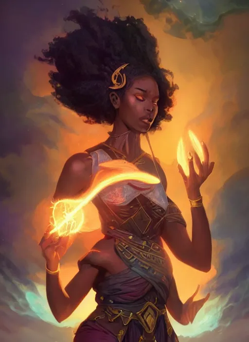 Prompt: beautiful black woman casting magical spells with runic stones, kemetic imagery, digital painting artstation, concept art, matte, sharp focus, illustration, dramatic exploding nebulae, hearthstone, art by artgerm and greg rutkowski and alphonse mucha