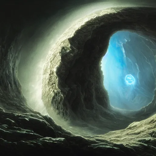 Image similar to hollow earth incredible ethereality insane hyperrealism photo - realistic lifelike photography detail incredible beautiful hollow earth scenery and landscapes, huge opening in the sky with stairs leading to it, by gustave dore and james gurney artstation 8 k