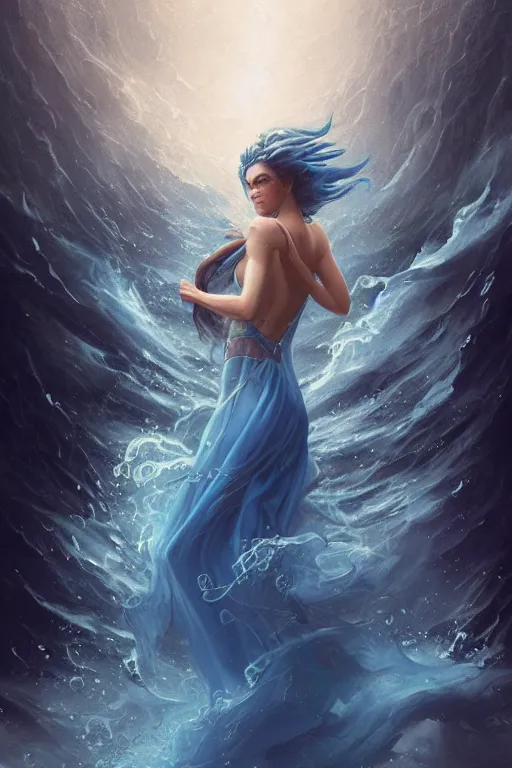 Image similar to beautiful powerful water goddess clothed in a flowing blue gown strides through a stormy sea, detailed matte fantasy portrait, dynamic lighting, bokeh backdrop, by greg rutkowski, by peter mohrbacher, by brom