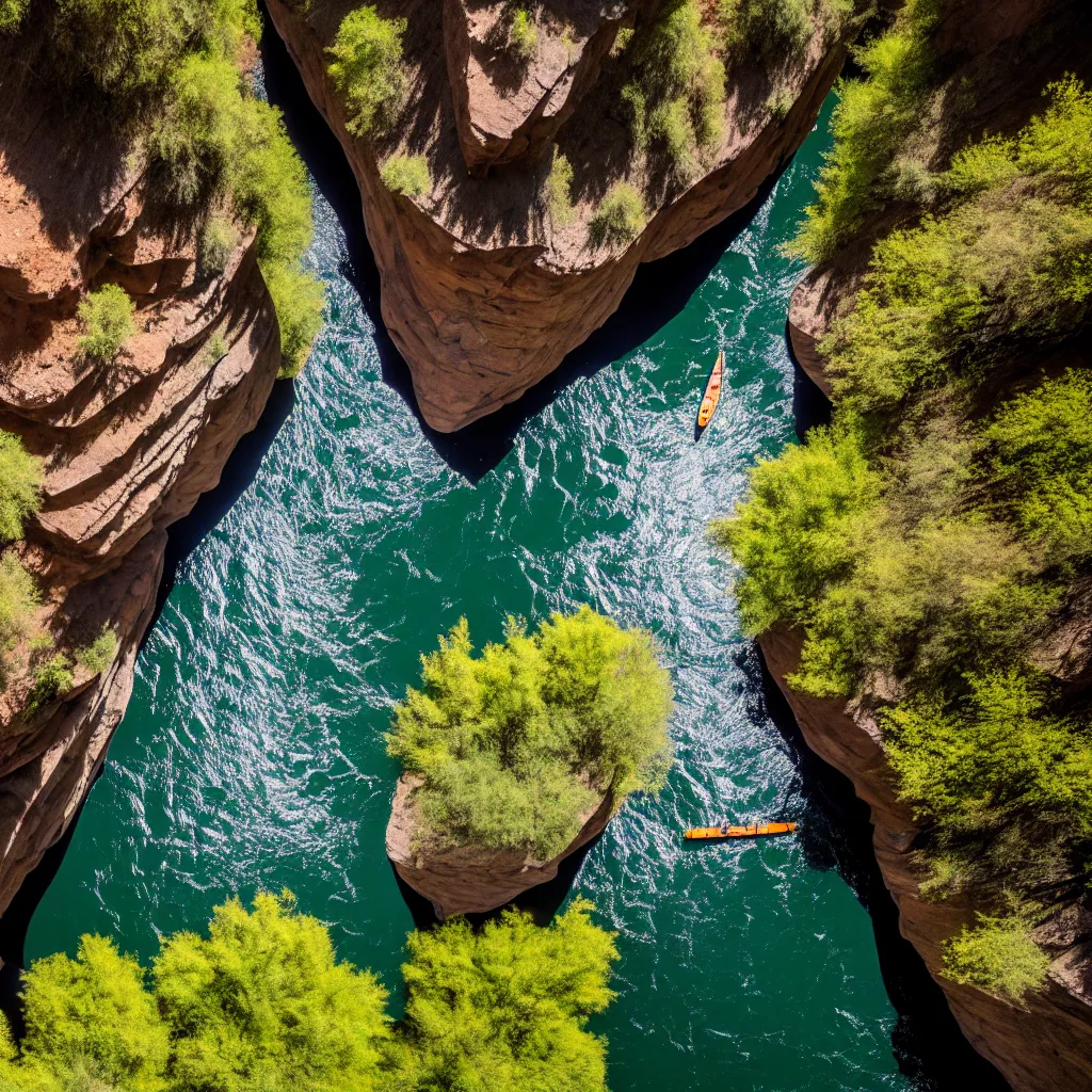 Prompt: river rafters on a river in a deep canyon