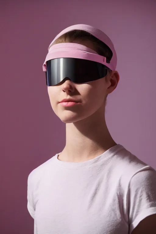 Prompt: a high definition film photograph of a normal androgynous robot human wearing a plain white t - shirt, in a pastel pink room. happy. visor covering eyes. chrome. crushed shadows.