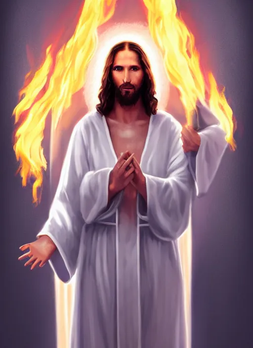 Image similar to « full length portrait of the white - tailed jesus in a white robe and flame in eyes, seven stars in right hand, grim - lighting, high - contrast, intricate, elegant, highly detailed, digital painting, artstation, concept art, smooth, sharp focus, illustration »