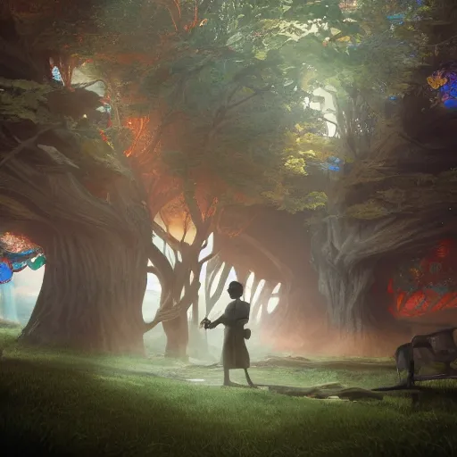 Image similar to a splornfeld enborkenmeyer forkeling the gnork - gnork under a fumfum tree high contrast cinematic light, mystical shadows, sharp focus, divine realm of gods, octane render, artist by doctor seuss