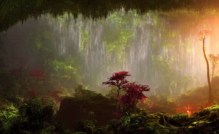 Prompt: a beautiful render of a dark prehistoric rainforest in a humongous cave, lush flora, patches of yellowish - red - magenta sky, sunset lighting, fireflies, floating mountains and a waterfall in the background, intricate detail, hazy, humid, volumetric lighting, god rays, 8 k, photorealistic, raytracing effects, unreal engine 5