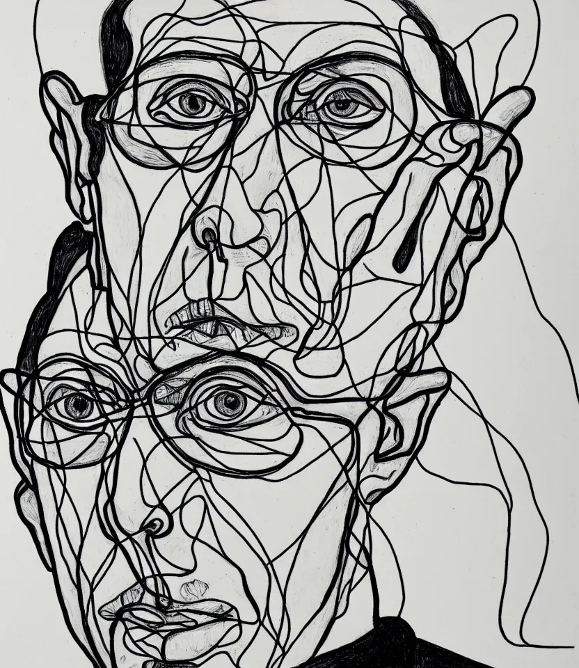 Image similar to elegant line art portrait of igor stravinsky. inspired by egon schiele. contour lines, musicality, twirls, curls and curves, strong personality, staring at the viewer