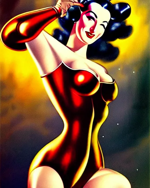 Image similar to closeup beautiful retro space dita von teese posing with a chrome robot in dieselpunk city at night, pinup, windblown dark hair, seductive, hyper detailed, digital art, smooth, sharp focus, gil elvgren, luis royo, alberto vargas, 1 9 5 0, when mars attacks