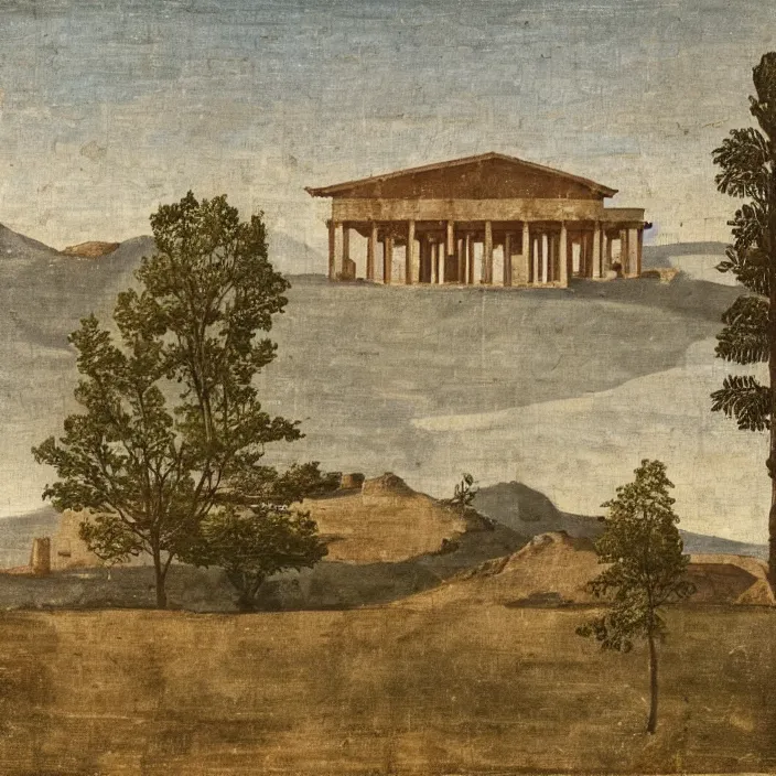 Image similar to a building in a serene landscape, ancient greek painting