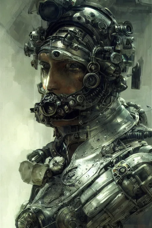 Prompt: a futuristic steampunk engineer with a cybernetic eyepatch, upper body, highly detailed, intricate, sharp details, dystopian mood, sci-fi character portrait by gaston bussiere, craig mullins