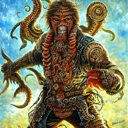 Image similar to uhd photorealistic detailed image of ( chuck norris wearing intricate warrior costume, ) fighting lovecraftian cthulhu by ayami kojima amano karol bak tonalism