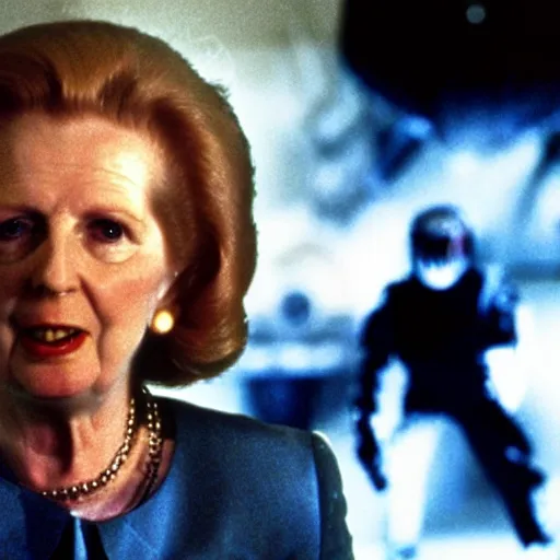 Image similar to A still of Margaret Thatcher as the Terminator in Terminator 2: Judgement Day (1991)