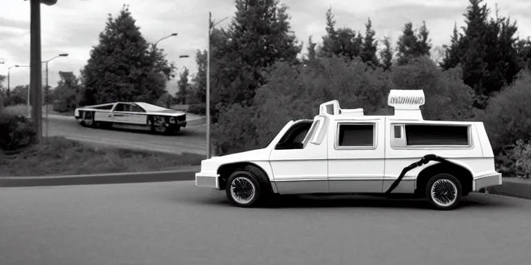 Image similar to Photorealistic cinematography of the rear of a the “Back To The Future Time Machine” from the film “Back To The Future” reversing down a ramp out of Doc Browns “1984 white GMC Value Van” at night + filmed on location at ultra photorealistic “Back To The Future” “Twin Pines Mall” parking lot Set located at Puente Hills Mall, 1600 South Azusa Avenue, City of Industry, California At night By “Back To The Future” Cinematographer Dean Cundey at night 5