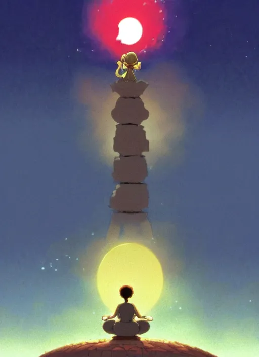 Image similar to a realistic cell - shaded studio ghibli concept art from paprika ( 2 0 0 6 ) of a floating cube from close encounters of the third kind ( 1 9 7 7 ) and a monk meditating on top of a pillar on a misty starry night. very dull colors, hd, 4 k, hq