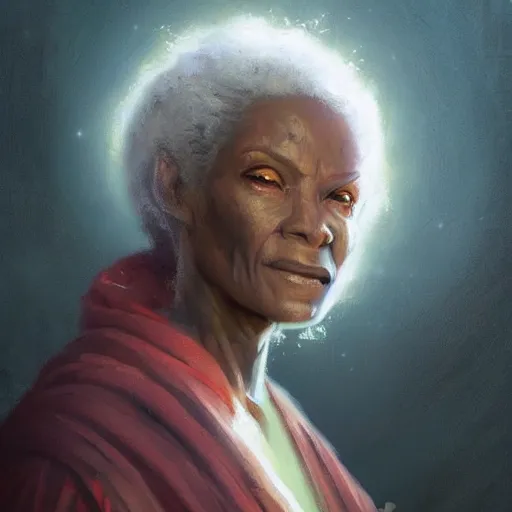 Image similar to portrait of a woman by greg rutkowski, old jedi master, afroamerican, wise and serene, star wars expanded universe, she is about 7 0 years old, wearing jedi robes.