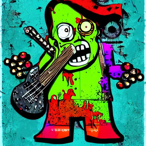 Image similar to Brightly colored zombie on stage, playing guitar in a metal band, digital art