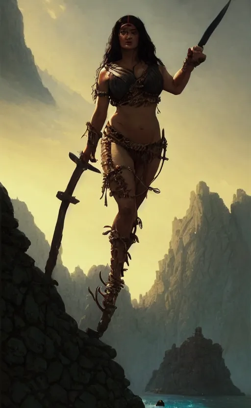 Image similar to salma hayek as a barbarian warrior, in gta v, stephen bliss, unreal engine, fantasy art by greg rutkowski, loish, rhads, ferdinand knab, makoto shinkai and lois van baarle, ilya kuvshinov, rossdraws, tom bagshaw, global illumination, radiant light, detailed and intricate environment