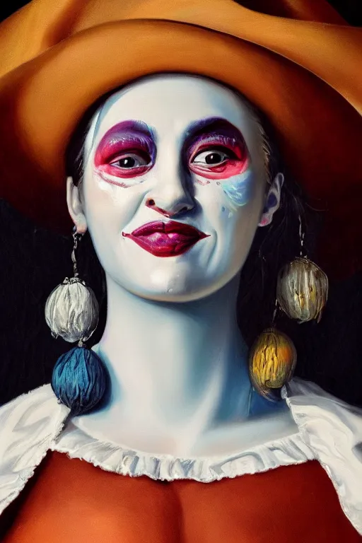 Image similar to hyperrealism oil painting, close - up portrait of commedia dell'arte fashion woman model, gradient mixed with nebula sky, in style of baroque