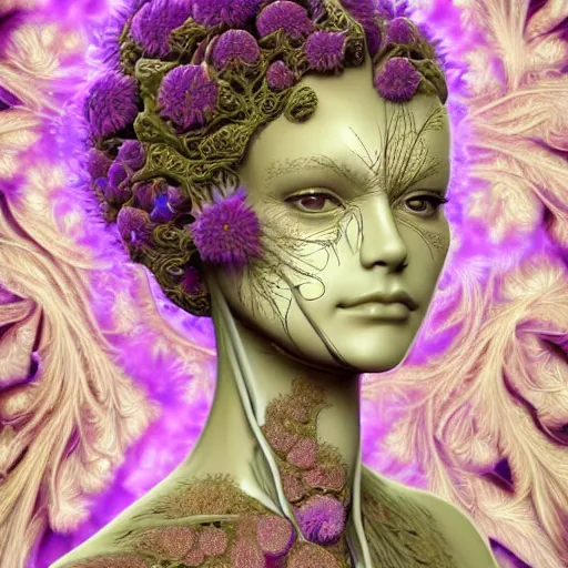 Image similar to beatifull face portrait of a woman, 150 mm, anatomical, flesh, flowers, mandelbrot fractal, facial muscles, veins, arteries, intricate, golden ratio, full frame, microscopic, elegant, highly detailed, ornate, ornament, sculpture, elegant , luxury, beautifully lit, ray trace, unreal, 3d, PBR, in the style of peter Gric , alex grey and Romero Ressendi