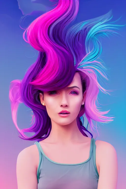 Image similar to a award winning half body porttrait of a beautiful woman in a croptop with ombre purple pink teal hairstyle with head in motion and hair flying, outrun, vaporware, shaded flat illustration, digital art, trending on artstation, highly detailed, fine detail, intricate