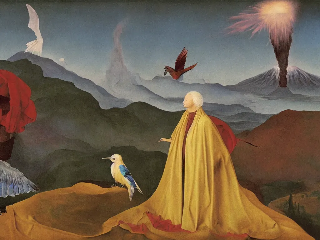 Prompt: albino mystic, with his back turned, with wild exotic Colibri looking at a erupting volcano in the distance. Painting by Jan van Eyck, Audubon, Rene Magritte, Agnes Pelton, Max Ernst, Walton Ford