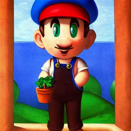 Image similar to an italian plumber emerges from a green pipe wearing blue overalls by Raphael, Hopper, and Rene Magritte. detailed, romantic, enchanting, trending on artstation.