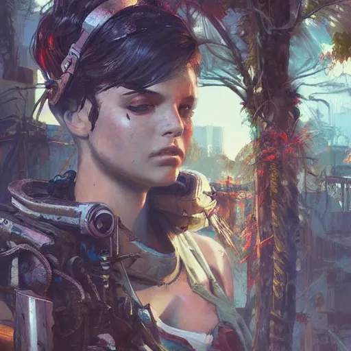 Image similar to fallout 5 miami, charismatic beautiful rugged brunette female protagonist, portrait, outdoors tropical cityscape, atmospheric lighting, painted, intricate, volumetric lighting, beautiful, daytime, sunny weather, few clouds, sharp focus, deep colours, ultra detailed, art by krenz cushart and wenjun lin