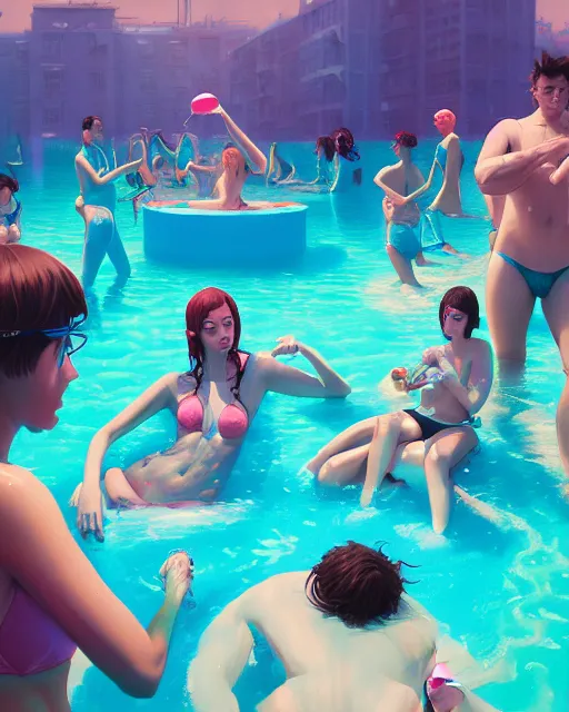 Image similar to highly detailed surreal vfx portrait of a ice cream pool party, stephen bliss, unreal engine, greg rutkowski, loish, rhads, beeple, makoto shinkai and lois van baarle, ilya kuvshinov, rossdraws, tom bagshaw, global illumination, detailed and intricate environment